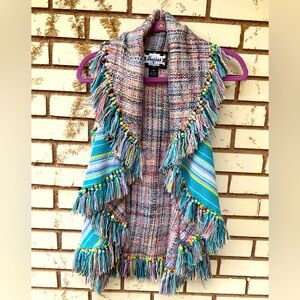 Meghan Beaded Serape Boho Open Front Draped Fringe Cardigan Vest Size XS